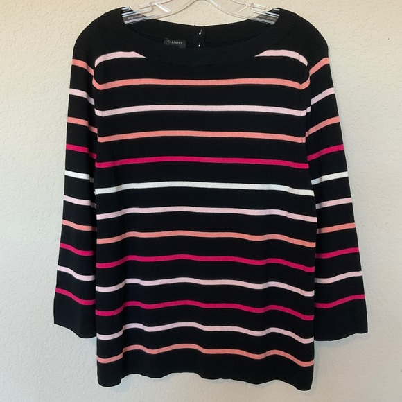 Talbots NWOT Striped Boat Neck Cotton Sweater Black Pink Button Back Detail XLP - Picture 5 of 16